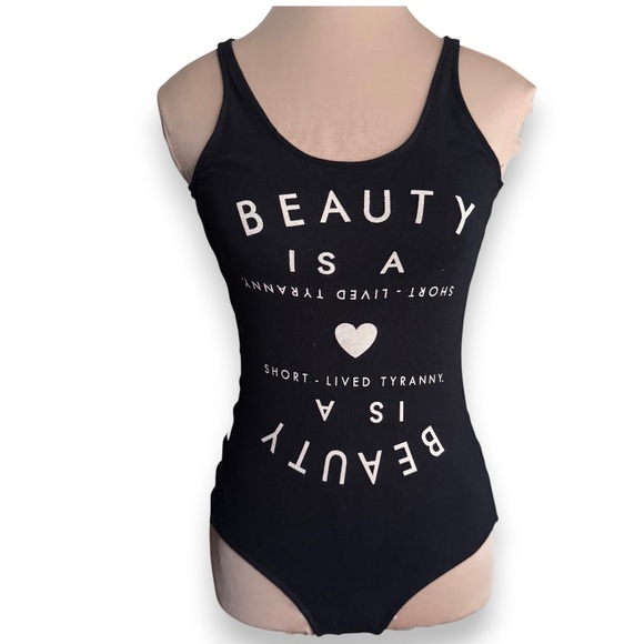 Forever 21 Tops - FOREVER 21 Black “Beauty Is A Short-Lived Tyranny” Strappy Side Bodysuit Size S